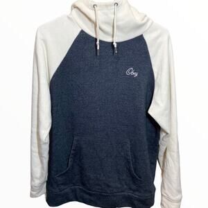 Obey Funnel Neck Hoodie Color Block Sweatshirt Pocket Heathered Gray Cream Small